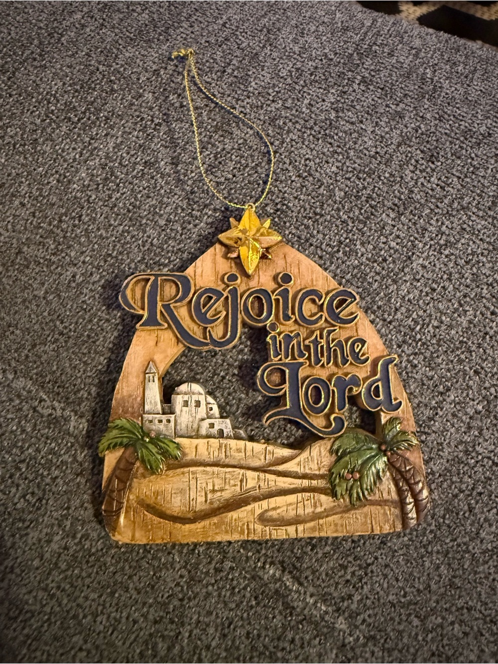 "Rejoice in the Lord" Religious Holiday Christmas Ornament Heavy Resin Star Palm